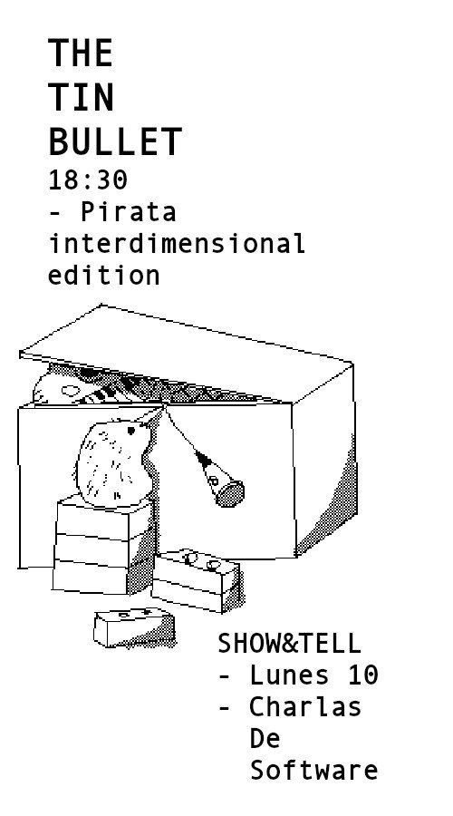 Volante en blanco y negro. Un kiwi saca un micrófono de una caja. Charlas de software. Show&tell. Pirata interdimensional edition.